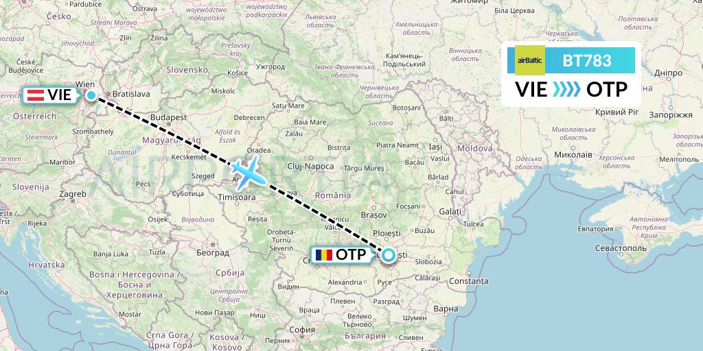 BT783 Air Baltic Flight Map: Vienna to Bucharest