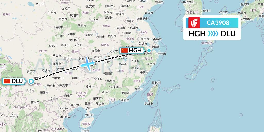 CA3908 Air China Flight Map: Hangzhou to Dali