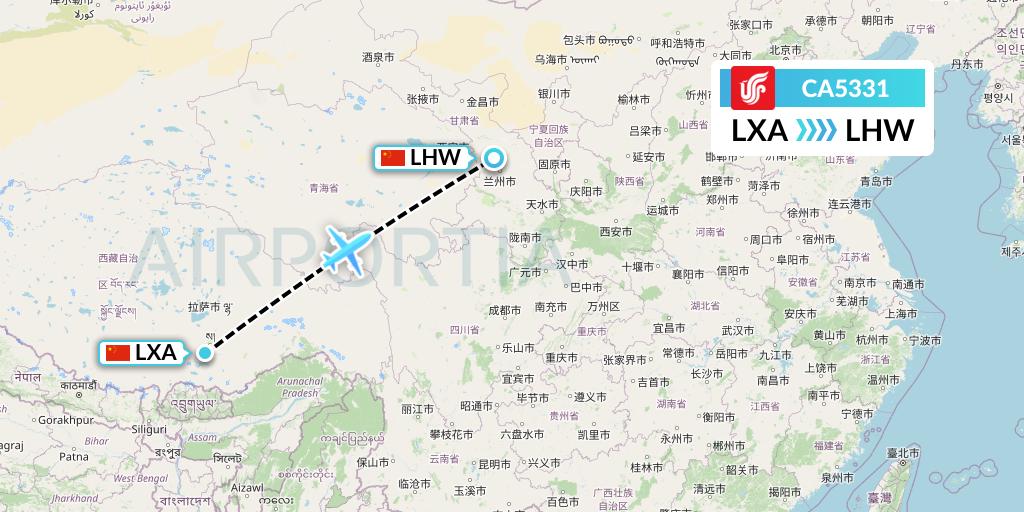 CA5331 Air China Flight Map: Lhasa to Lanzhou