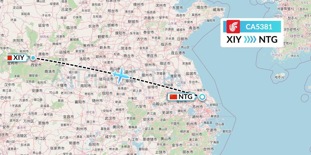 CA5381 Air China Flight Map: Xi'an to Nantong