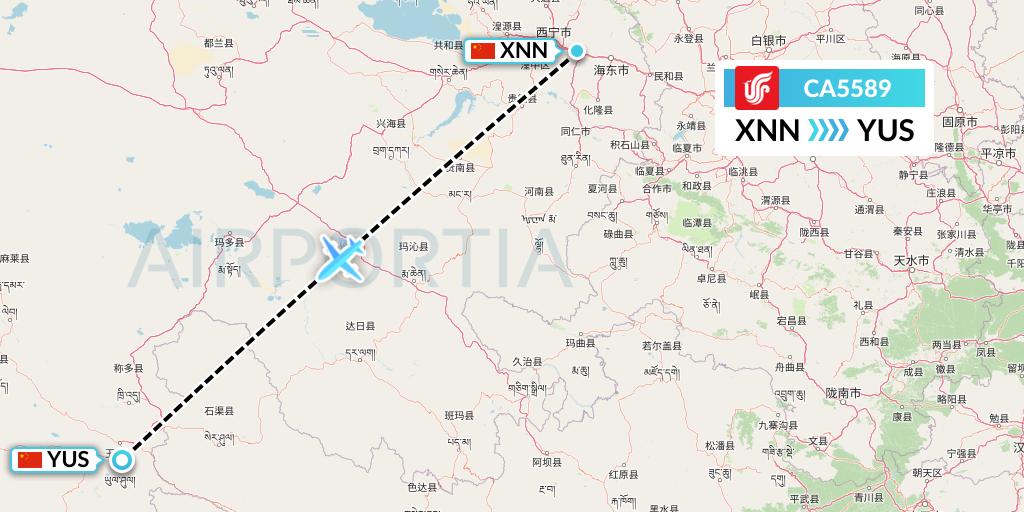 CA5589 Air China Flight Map: Xining to Yushu