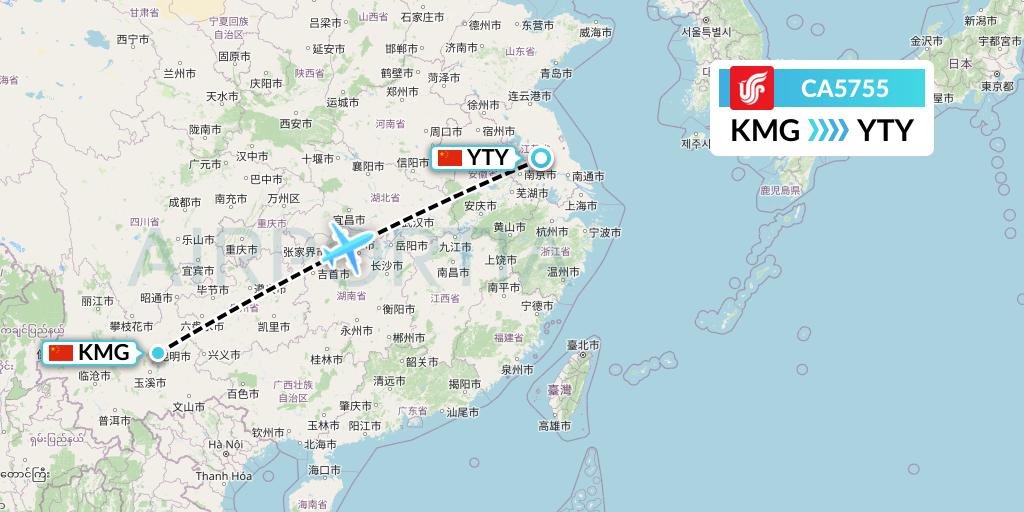 CA5755 Air China Flight Map: Kunming to Yangzhou