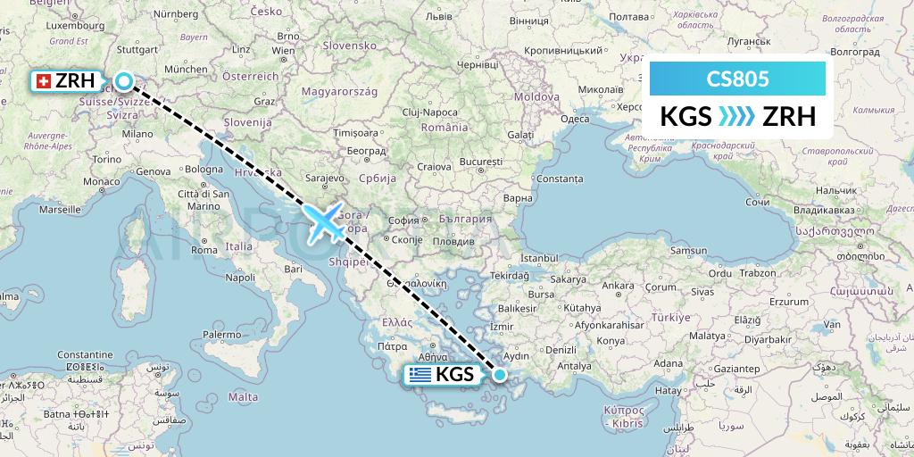 CS805 Continental Micronesia Flight Map: Kos to Zurich