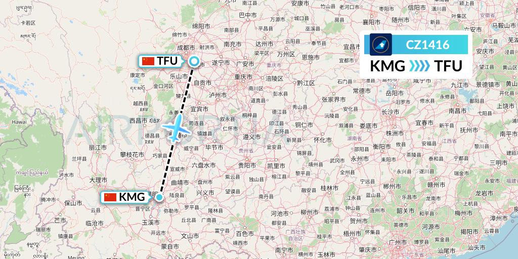 CZ1416 China Southern Airlines Flight Map: Kunming to Chengdu