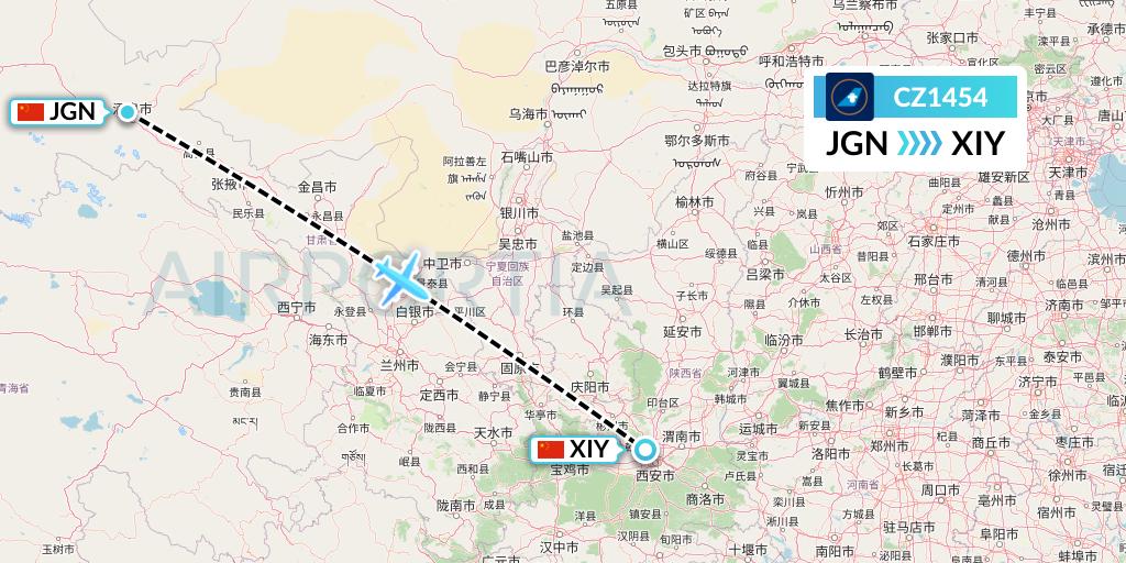 CZ1454 China Southern Airlines Flight Map: Jiayuguan to Xi'an