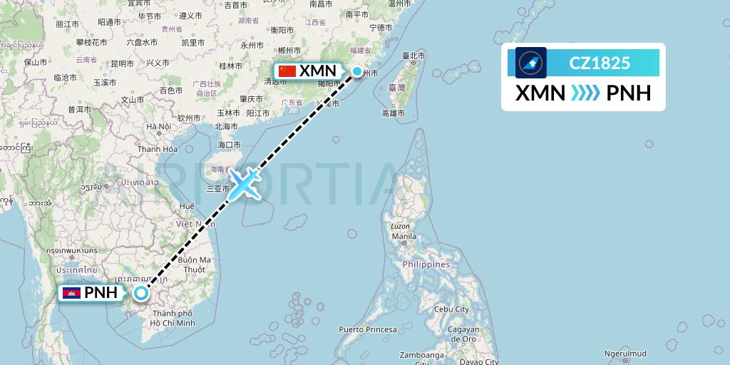 CZ1825 China Southern Airlines Flight Map: Xiamen to Phnom Penh