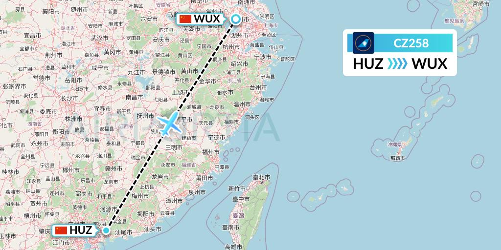 CZ258 China Southern Airlines Flight Map: Huizhou to Wuxi