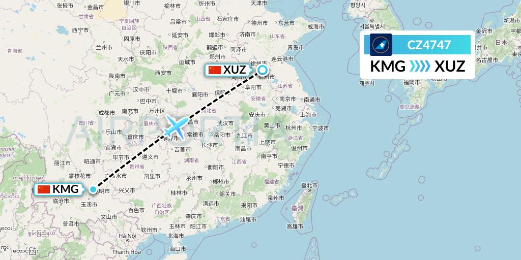 CZ4747 China Southern Airlines Flight Map: Kunming to Xuzhou
