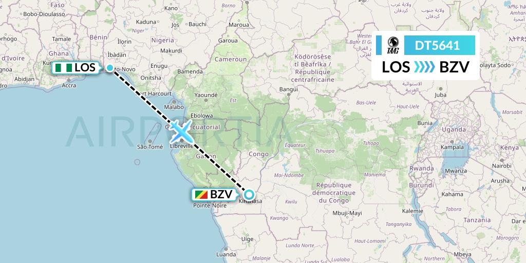 DT5641 TAAG Angola Airlines Flight Map: Lagos to Brazzaville