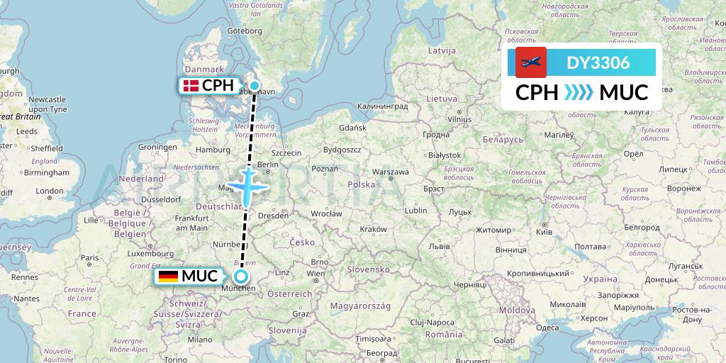 DY3306 Norwegian Flight Map: Copenhagen to Munich