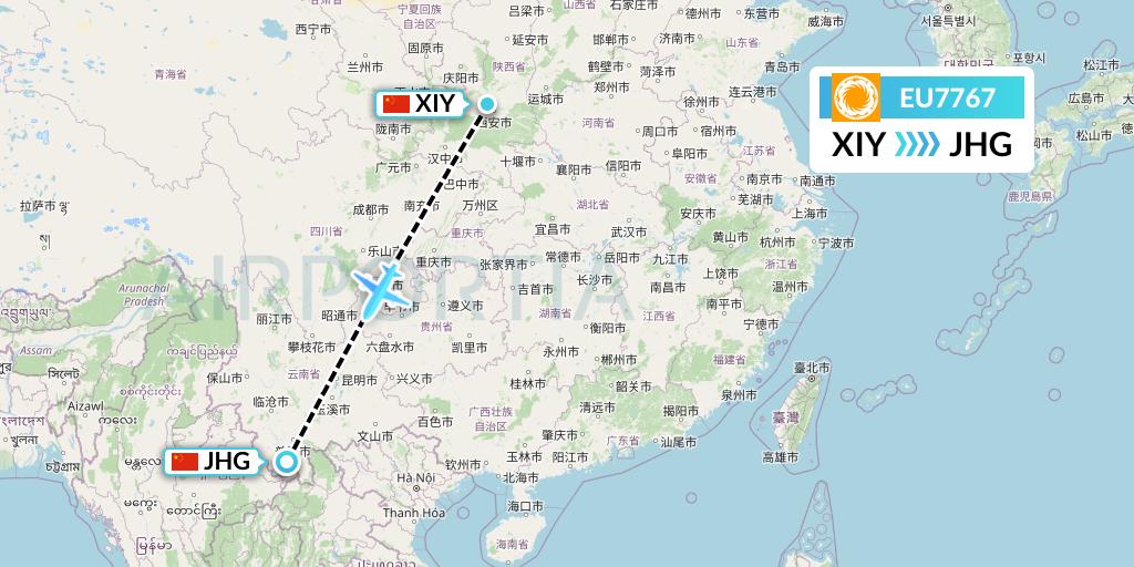 EU7767 Chengdu Airlines Flight Map: Xi'an to Jinghong