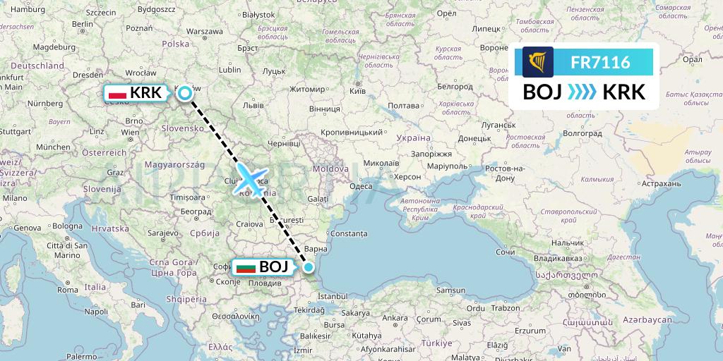 FR7116 Ryanair Flight Map: Burgas to Krakow