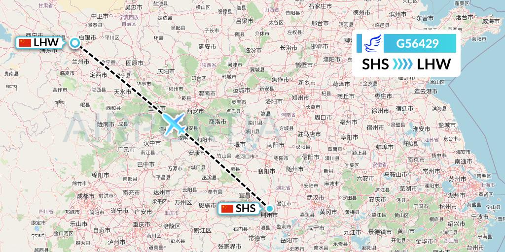G56429 China Express Airlines Flight Map: Shashi to Lanzhou