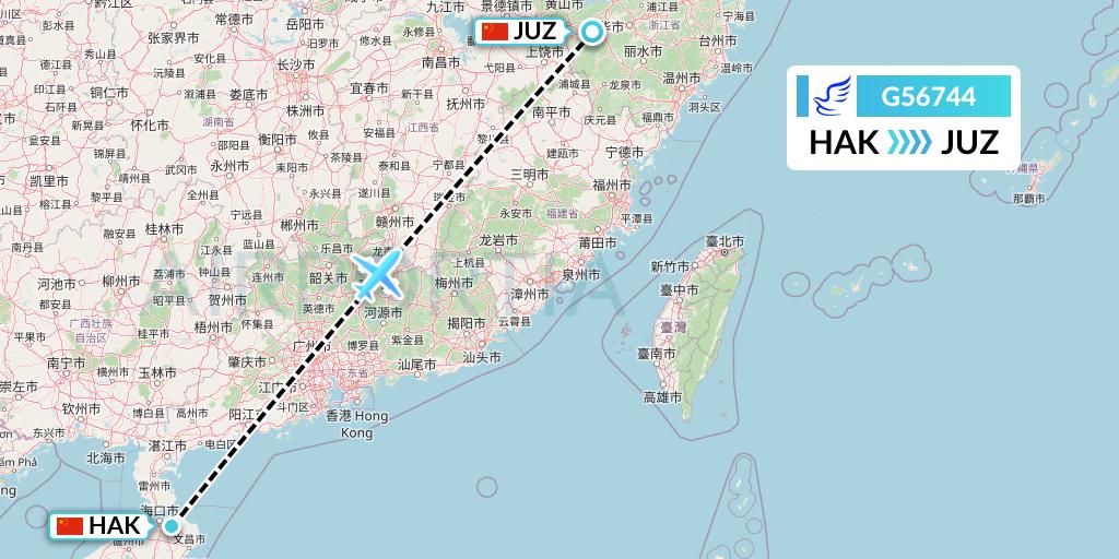 G56744 China Express Airlines Flight Map: Haikou to Quzhou
