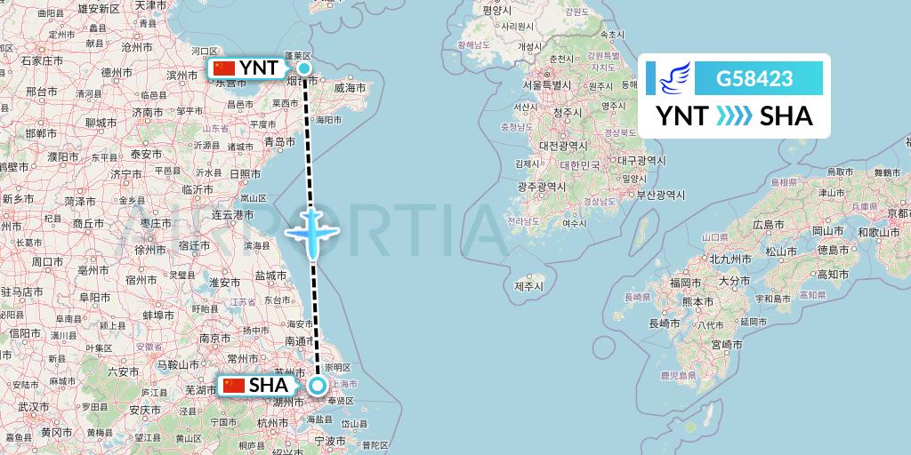 G58423 China Express Airlines Flight Map: Yantai to Shanghai