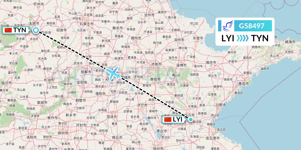 G58497 China Express Airlines Flight Map: Linyi to Taiyuan