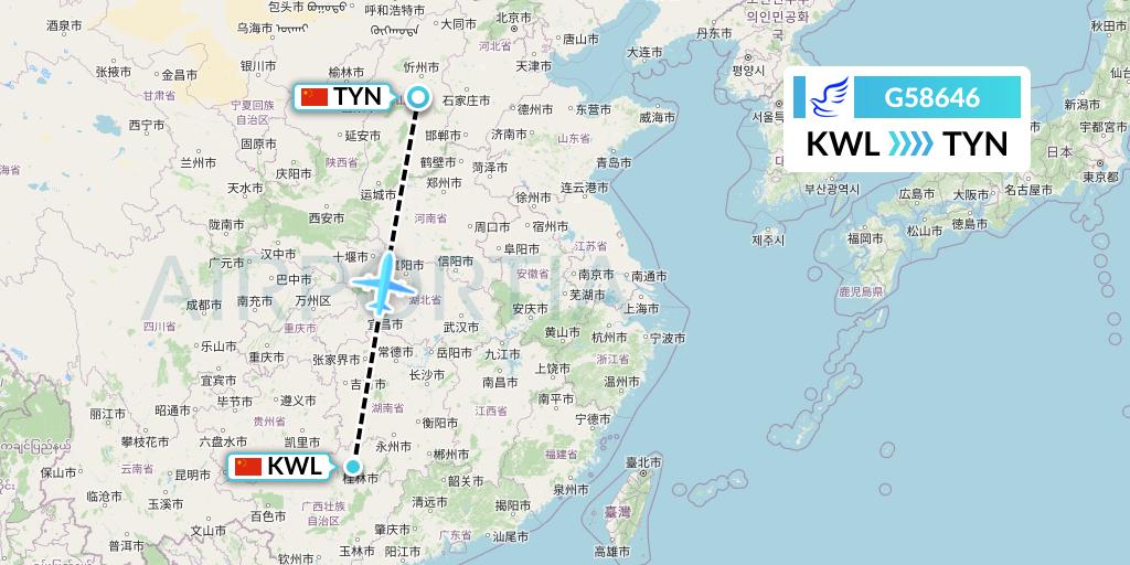 G58646 China Express Airlines Flight Map: Guilin to Taiyuan