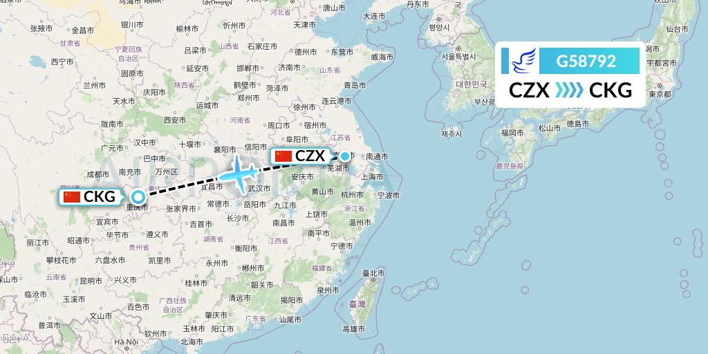 G58792 China Express Airlines Flight Map: Changzhou to Chongqing