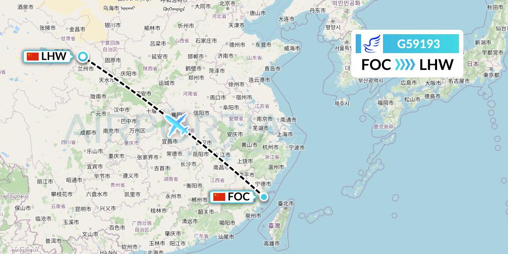 G59193 China Express Airlines Flight Map: Fuzhou to Lanzhou