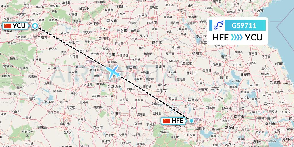 G59711 China Express Airlines Flight Map: Hefei to Yuncheng