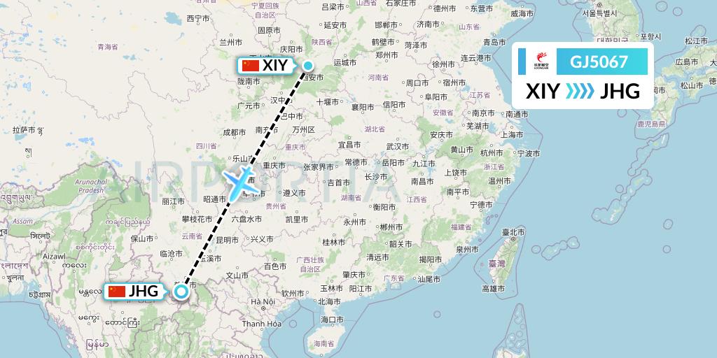 GJ5067 Loong Airlines Flight Map: Xi'an to Jinghong
