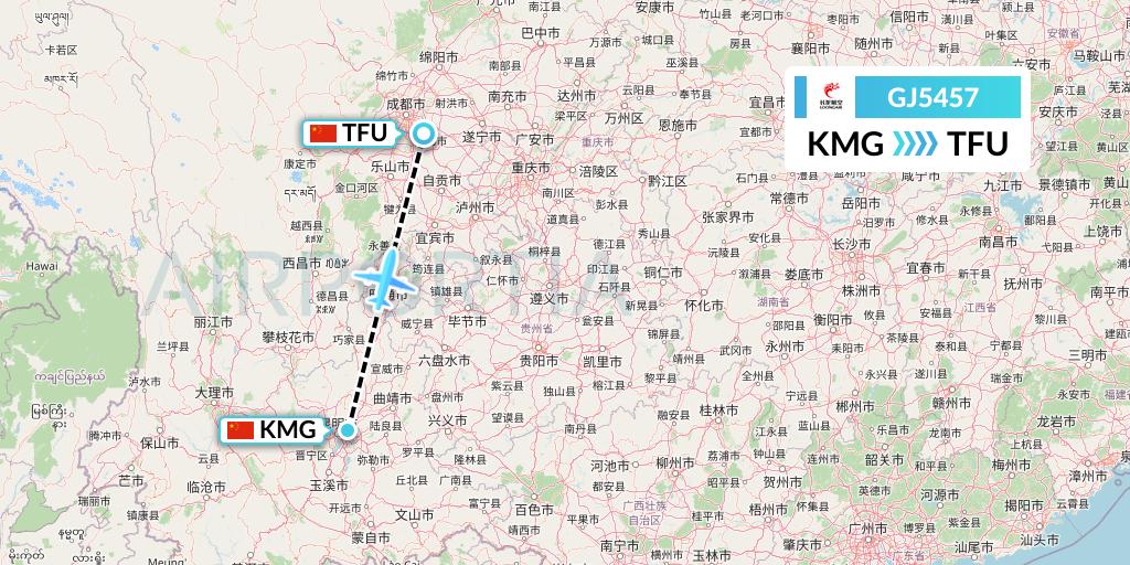 GJ5457 Loong Airlines Flight Map: Kunming to Chengdu