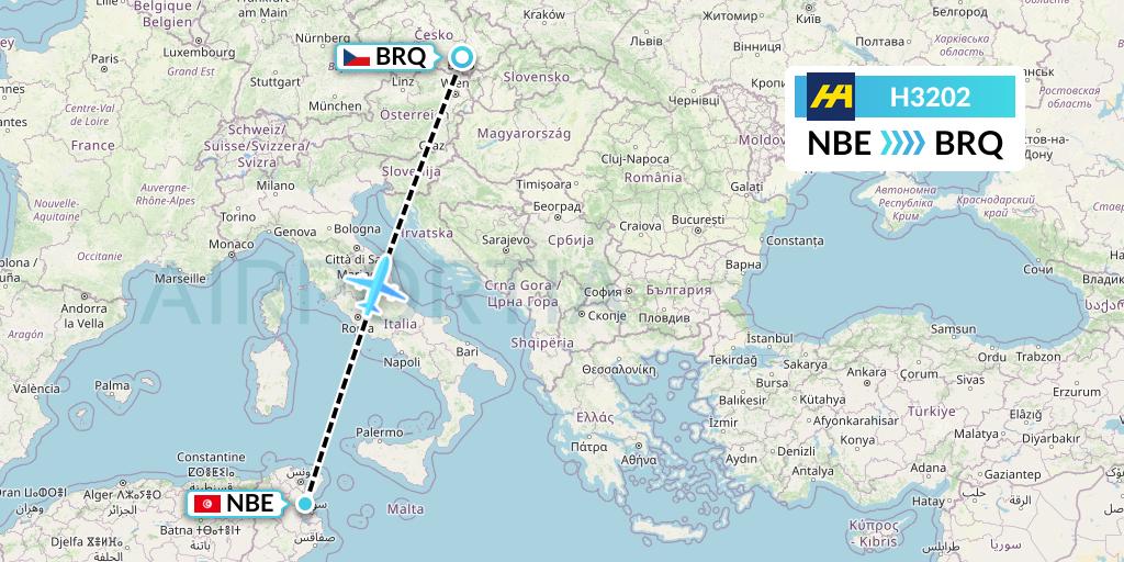 H3202 Harbour Air Flight Map: Enfidha to Brno