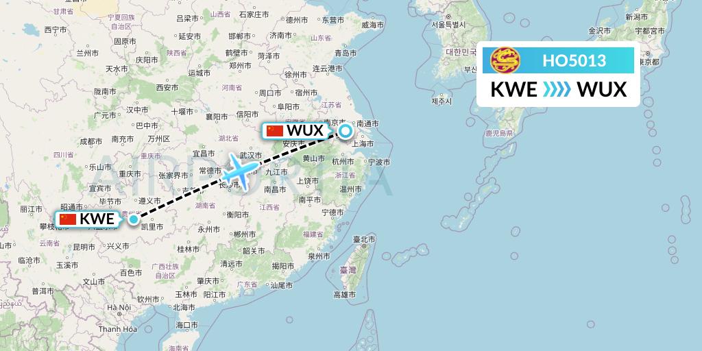 HO5013 Juneyao Airlines Flight Map: Guiyang to Wuxi