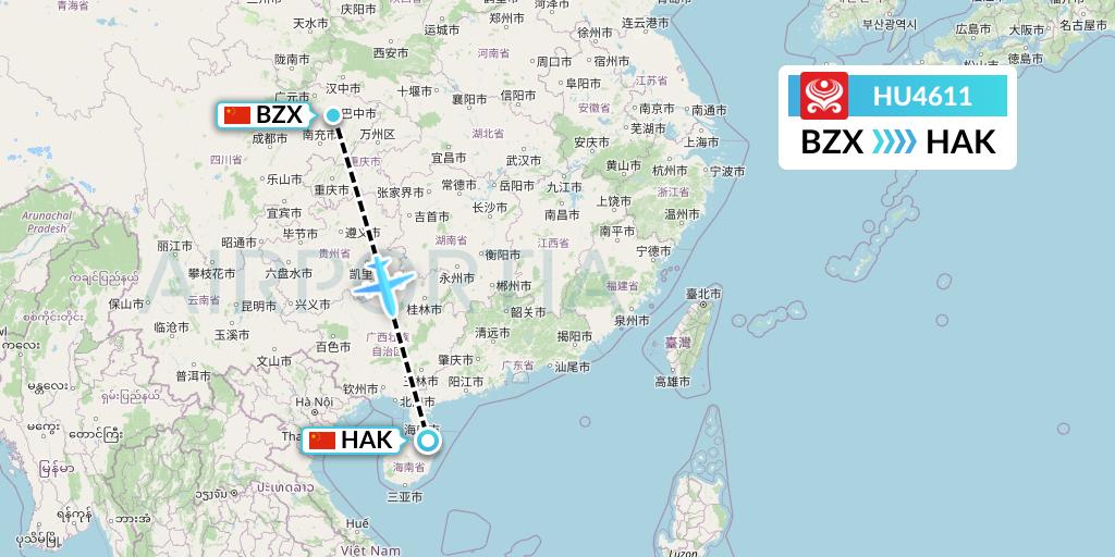 HU4611 Hainan Airlines Flight Map: Guangyuan to Haikou