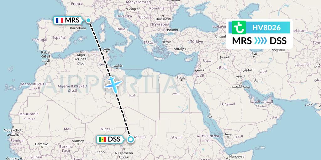 HV8026 Transavia Flight Map: Marseille to Dakar