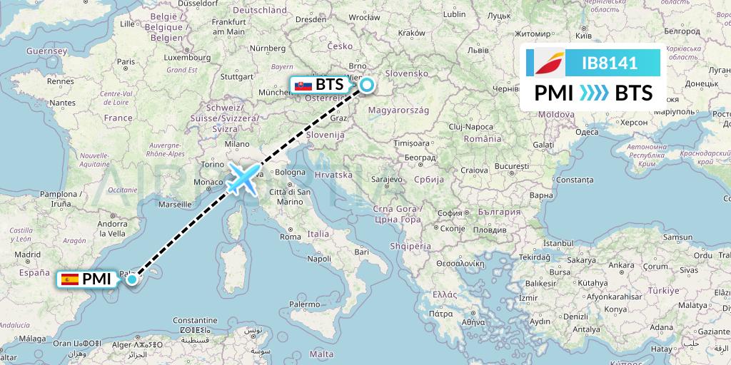 IB8141 Iberia Flight Map: Palma de Mallorca to Bratislava