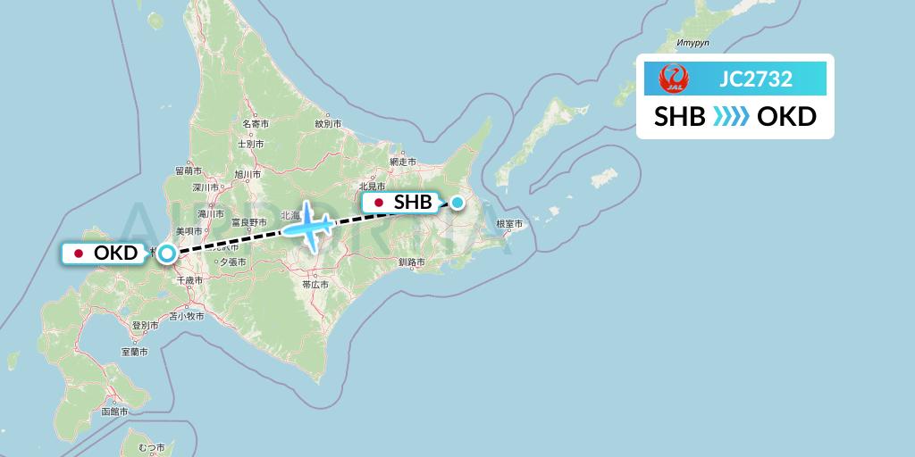 JC2732 Japan Air Commuter Flight Map: Nakashibetsu to Sapporo
