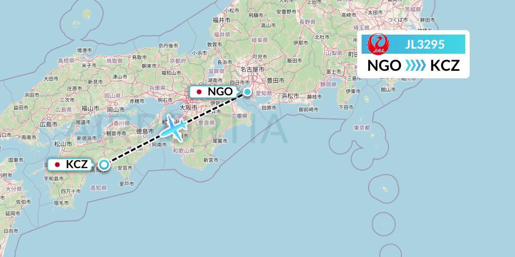 JL3295 Japan Airlines Flight Map: Nagoya to Nankoku