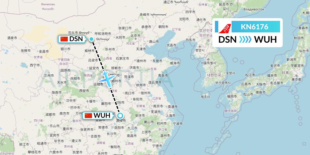 KN6176 China United Airlines Flight Map: Dongsheng to Wuhan