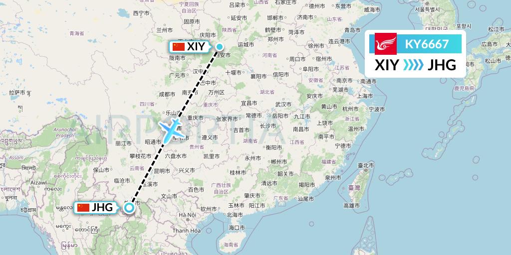 KY6667 Kunming Airlines Flight Map: Xi'an to Jinghong