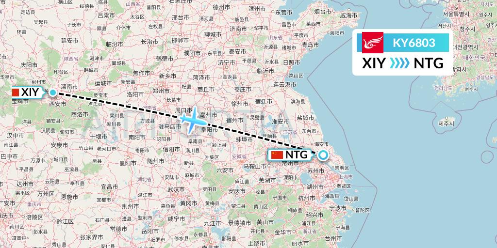 KY6803 Kunming Airlines Flight Map: Xi'an to Nantong