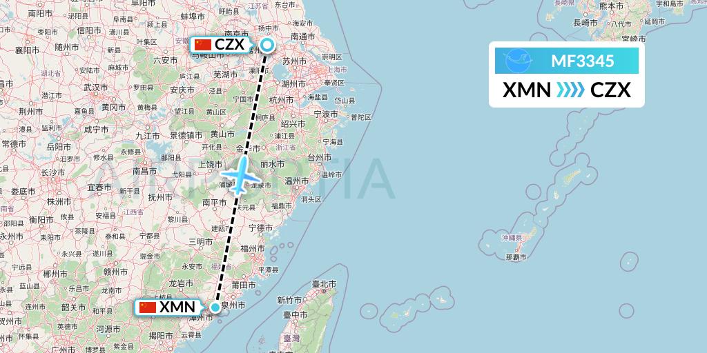 MF3345 Xiamen Airlines Flight Map: Xiamen to Changzhou