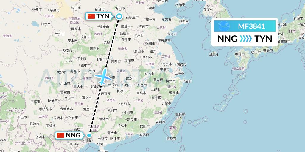 MF3841 Xiamen Airlines Flight Map: Nanning to Taiyuan