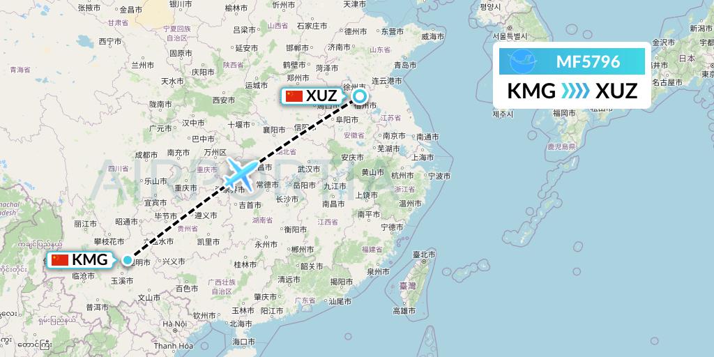 MF5796 Xiamen Airlines Flight Map: Kunming to Xuzhou