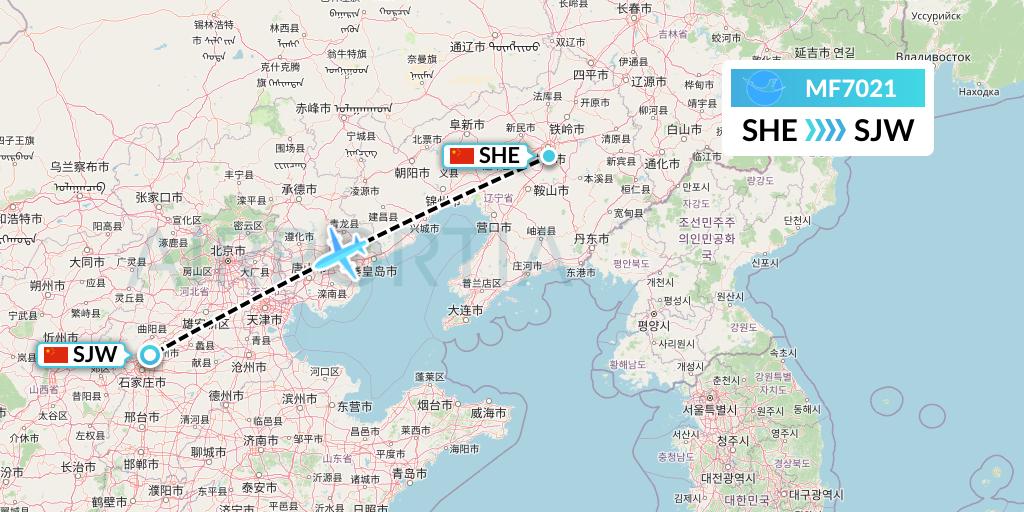 MF7021 Xiamen Airlines Flight Map: Shenyang to Shijiazhuang