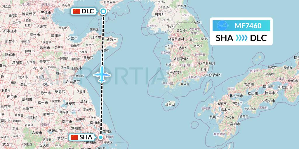 MF7460 Xiamen Airlines Flight Map: Shanghai to Dalian