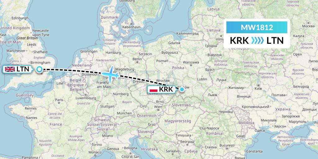 MW1812 Mokulele Flight Service Flight Map: Krakow to London