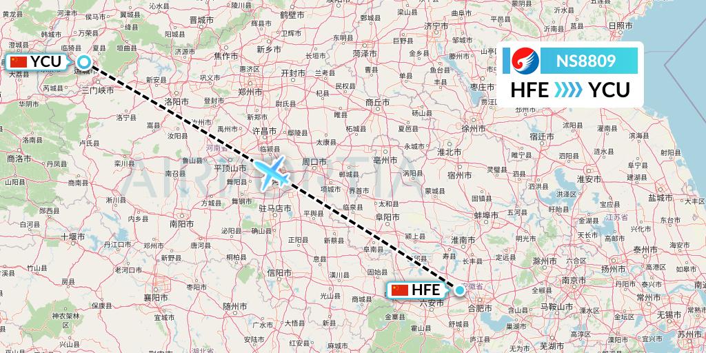 NS8809 Hebei Airlines Flight Map: Hefei to Yuncheng