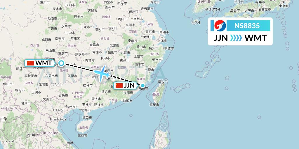 NS8835 Hebei Airlines Flight Map: Jinjiang to Zunyi