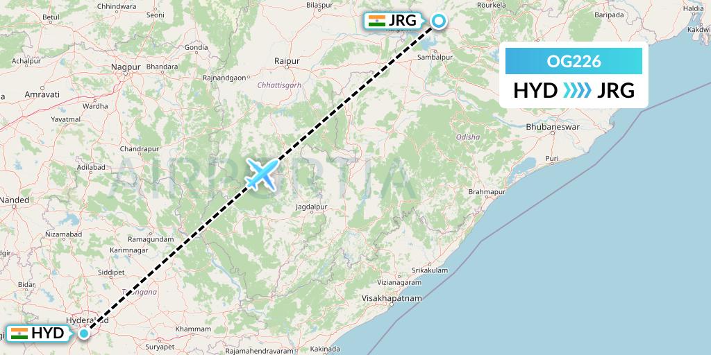 OG226 Fly Play Flight Map: Hyderabad to Ranchi