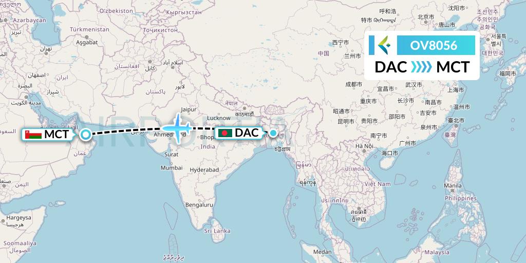 OV8056 SalamAir Flight Map: Dhaka to Muscat