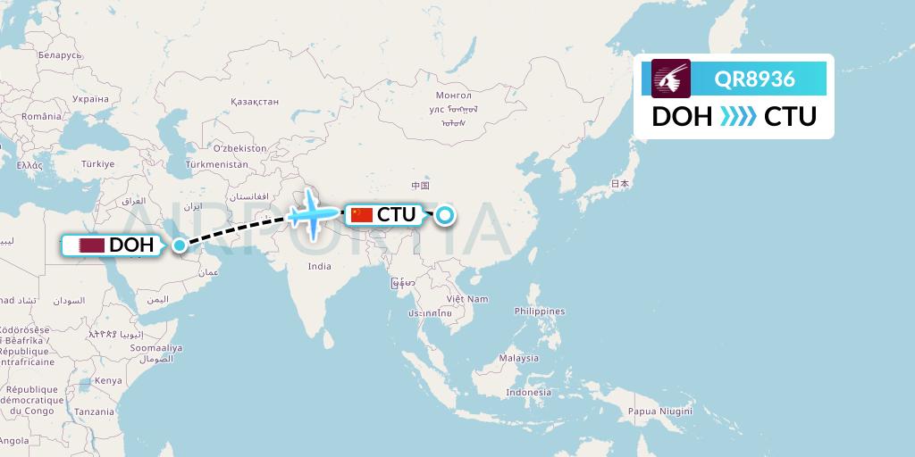 QR8936 Qatar Airways Flight Map: Doha to Chengdu