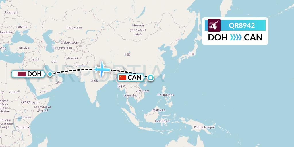 QR8942 Qatar Airways Flight Map: Doha to Guangzhou