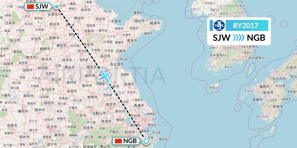 RY2017 Jiangxi Air Flight Map: Shijiazhuang to Ningbo