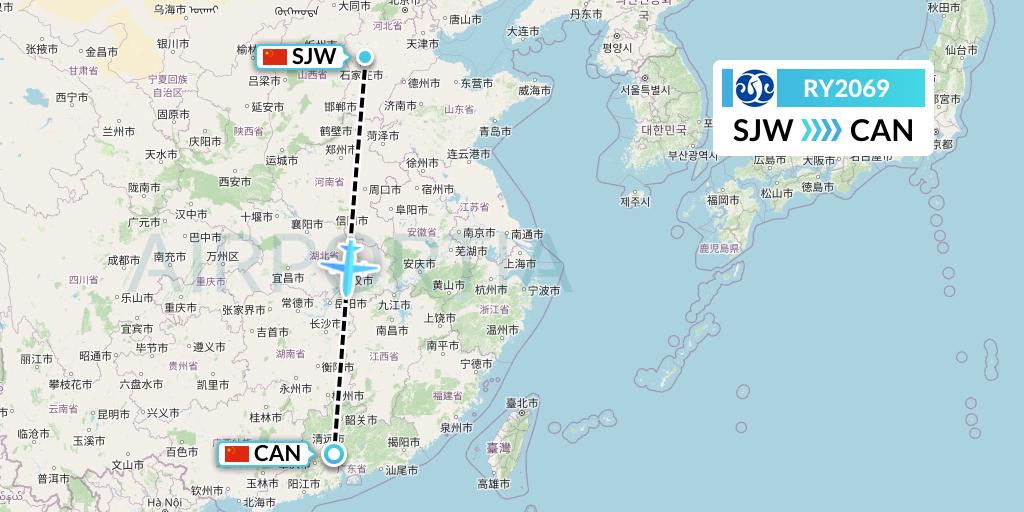 RY2069 Jiangxi Air Flight Map: Shijiazhuang to Guangzhou